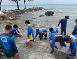 Petugas Sudin SDA Bangun Tanggul Pengaman Pantai di Pulau Tidung